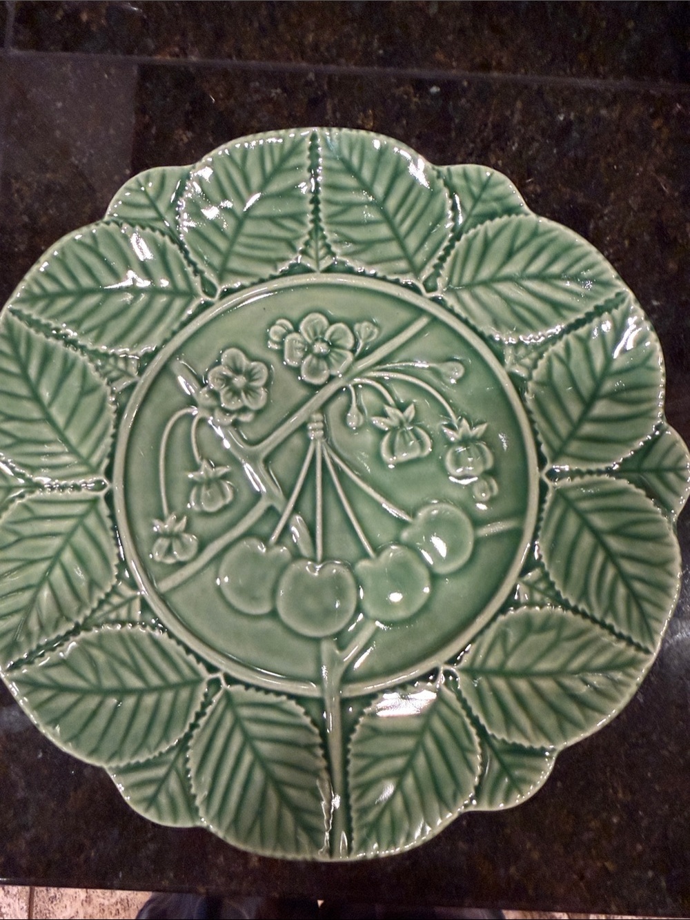 Bordallo Pinneiro Green Leaf & Cherry Ceramic Plates Set of 4.